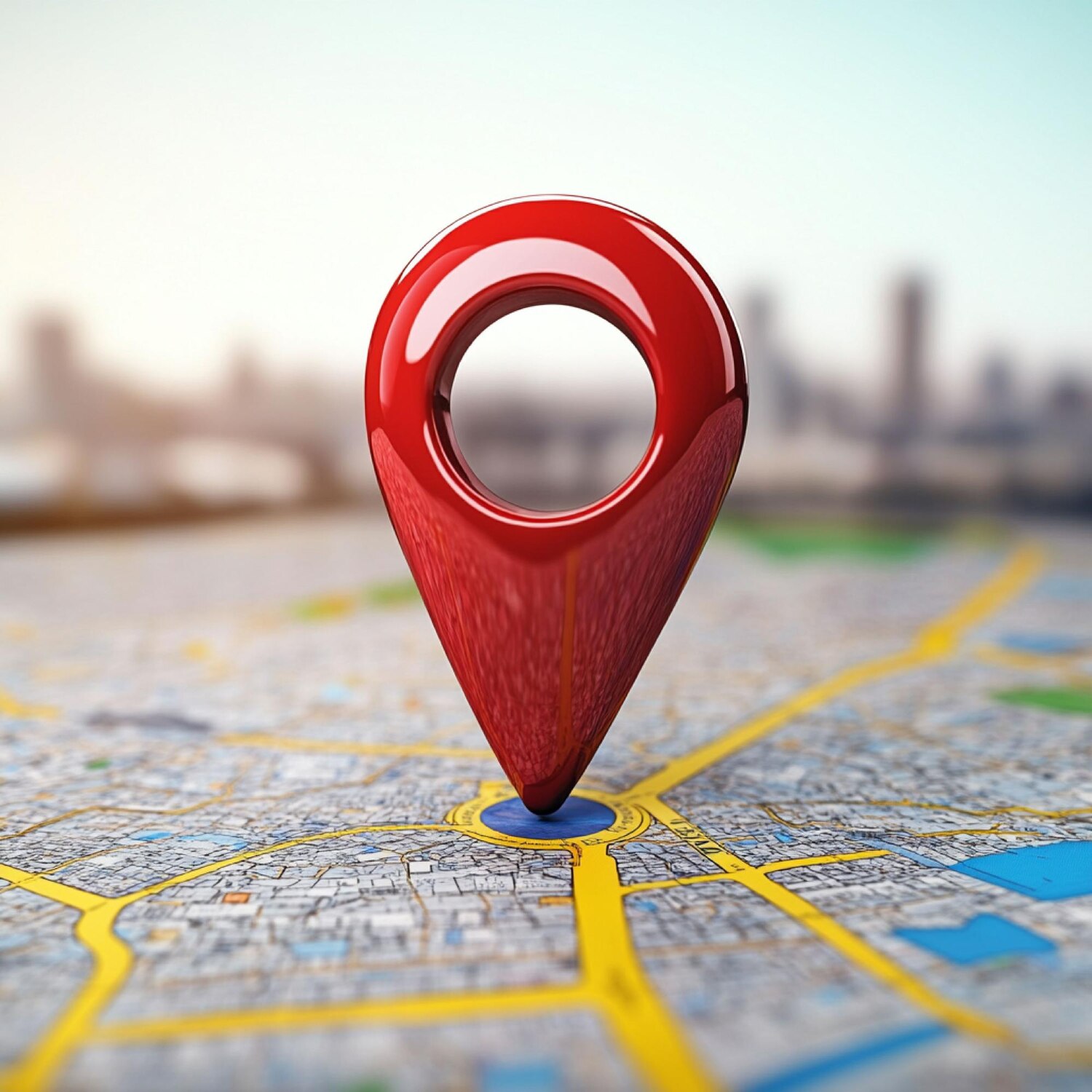 a red pin pointing to the city map with a city in the background